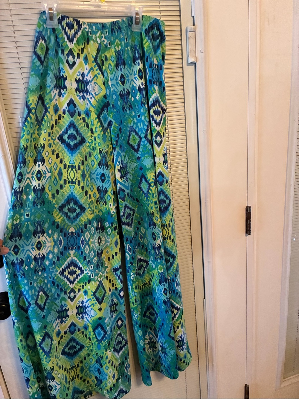 new directions Wide Leg Pants in Teal, Lime & Navy Tribal Print